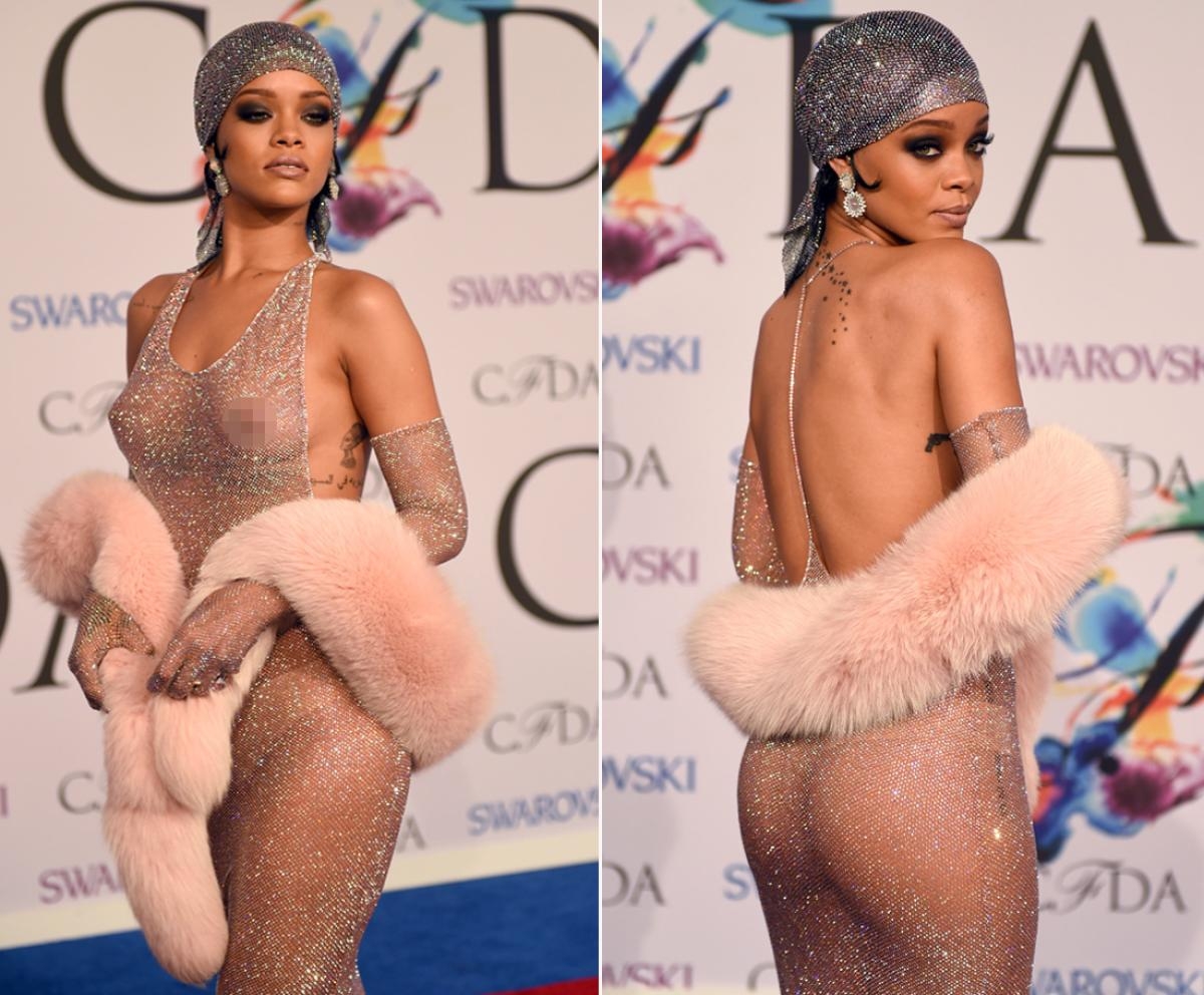 
	
	Mới đây nhất, Rihanna đã xuất hiện tại Lễ trao giải của CFDA (Hiệp hội các nhà thiết kế Hoa Kì) với bộ váy trong suốt được gắn thủ công 23 ngàn viên pha lê. Được biết bộ váy này phải mất 6 tháng mới hoàn thành.